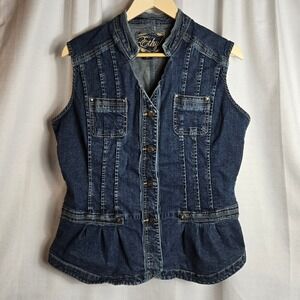 Ethyl Women's Denim Vest Blue Button Up Collared Peplum Style Size L Fitted